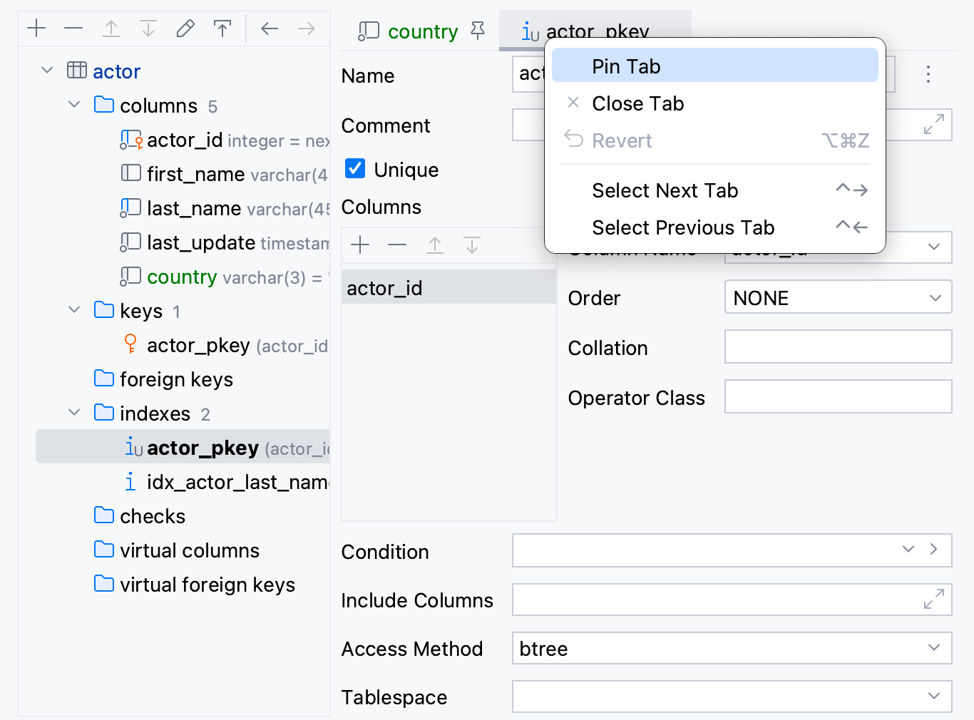 Objects editor tabs in the Modify dialog
