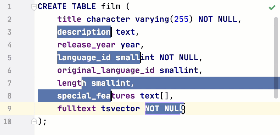 DataGrip: Select multiple text fragments