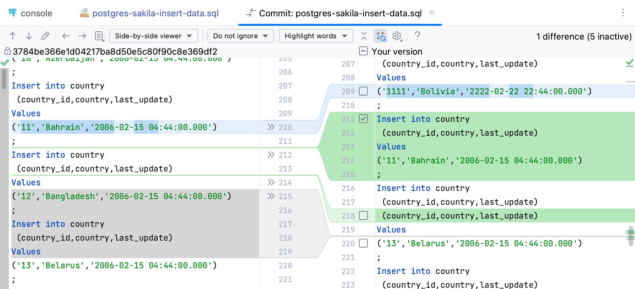 DataGrip: Partial commit dialog