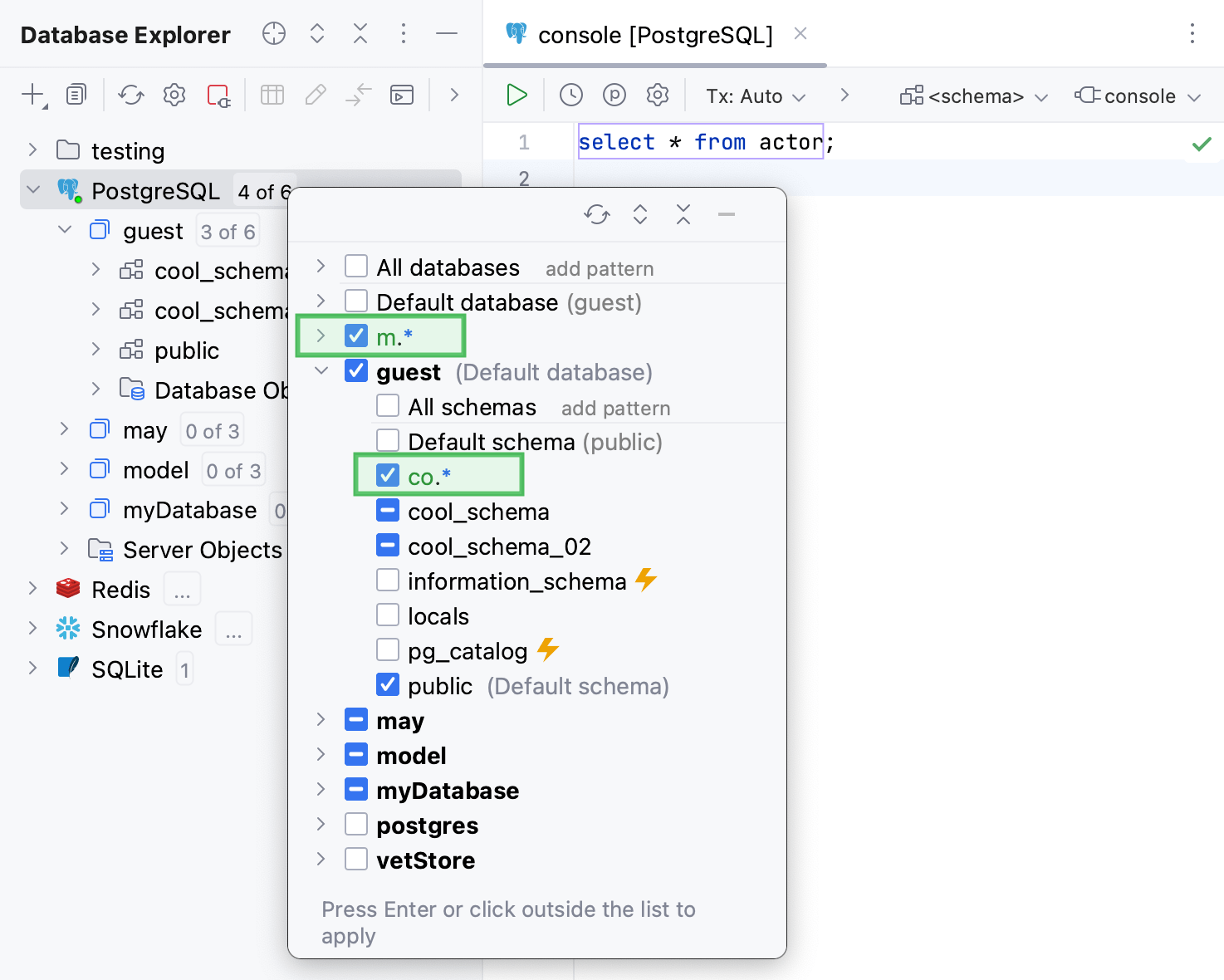 Regular expressions in pattern-based schema filter