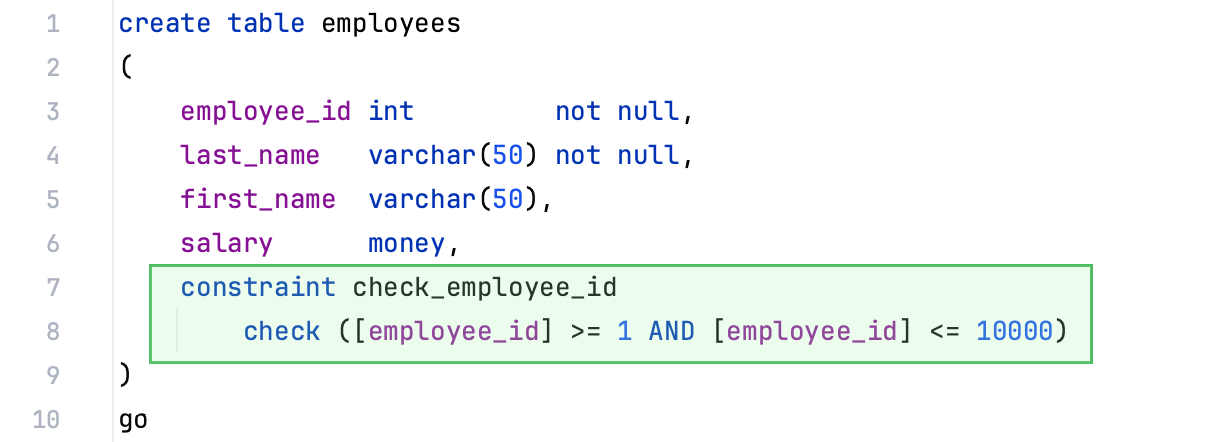 Place constraints inside table