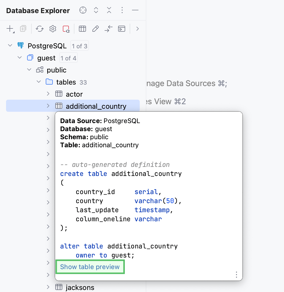 PostgreSQL and MySQL table size in Quick Documentation popup