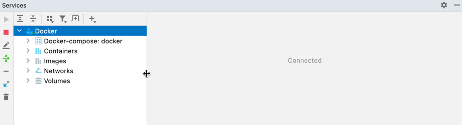 The Services tool window, connected to Docker
