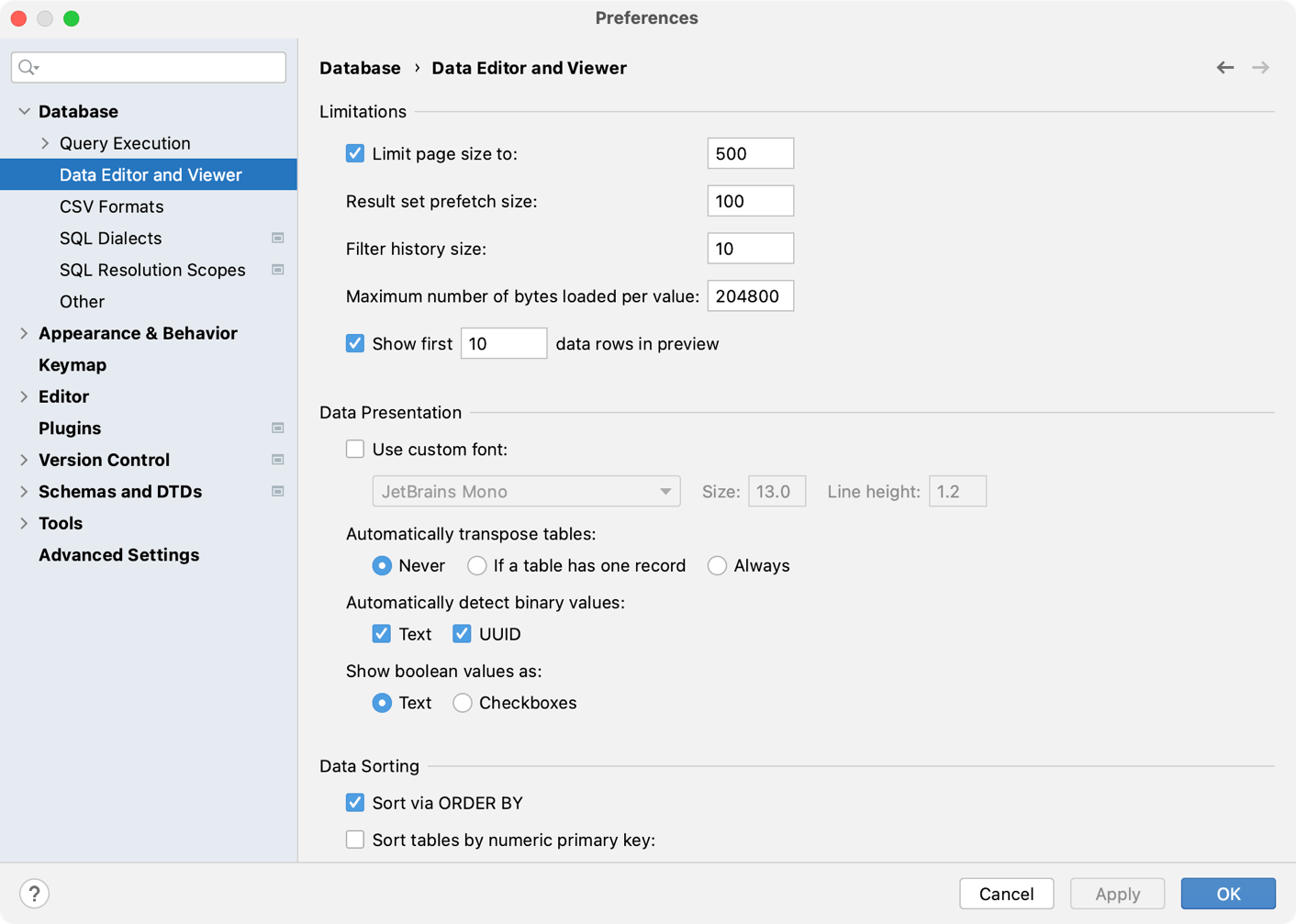 The Data Views menu of the Database settings