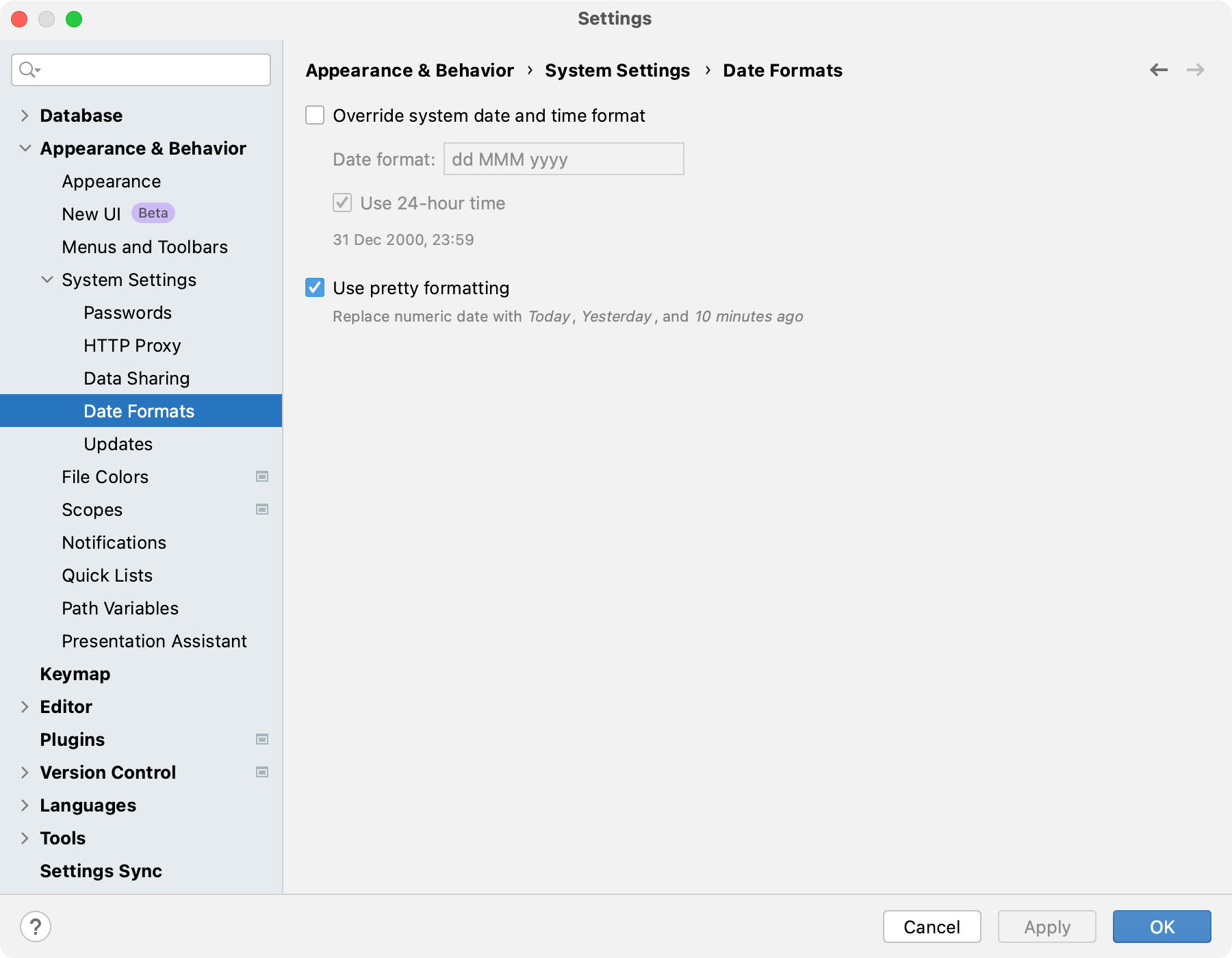 The Date Formats settings page