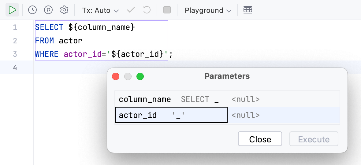 datagrip user parameters