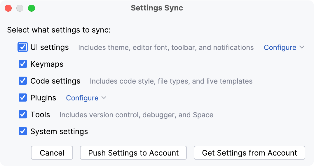 Settings Sync dialog