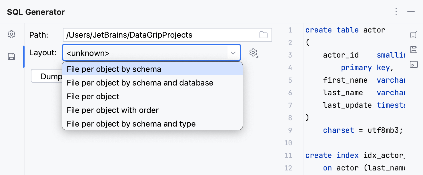 更改 SQL 生成器的输出设置