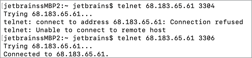 Test connection with the telnet command