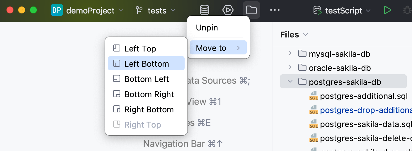 Tool window toolbar icon context menu: Move to