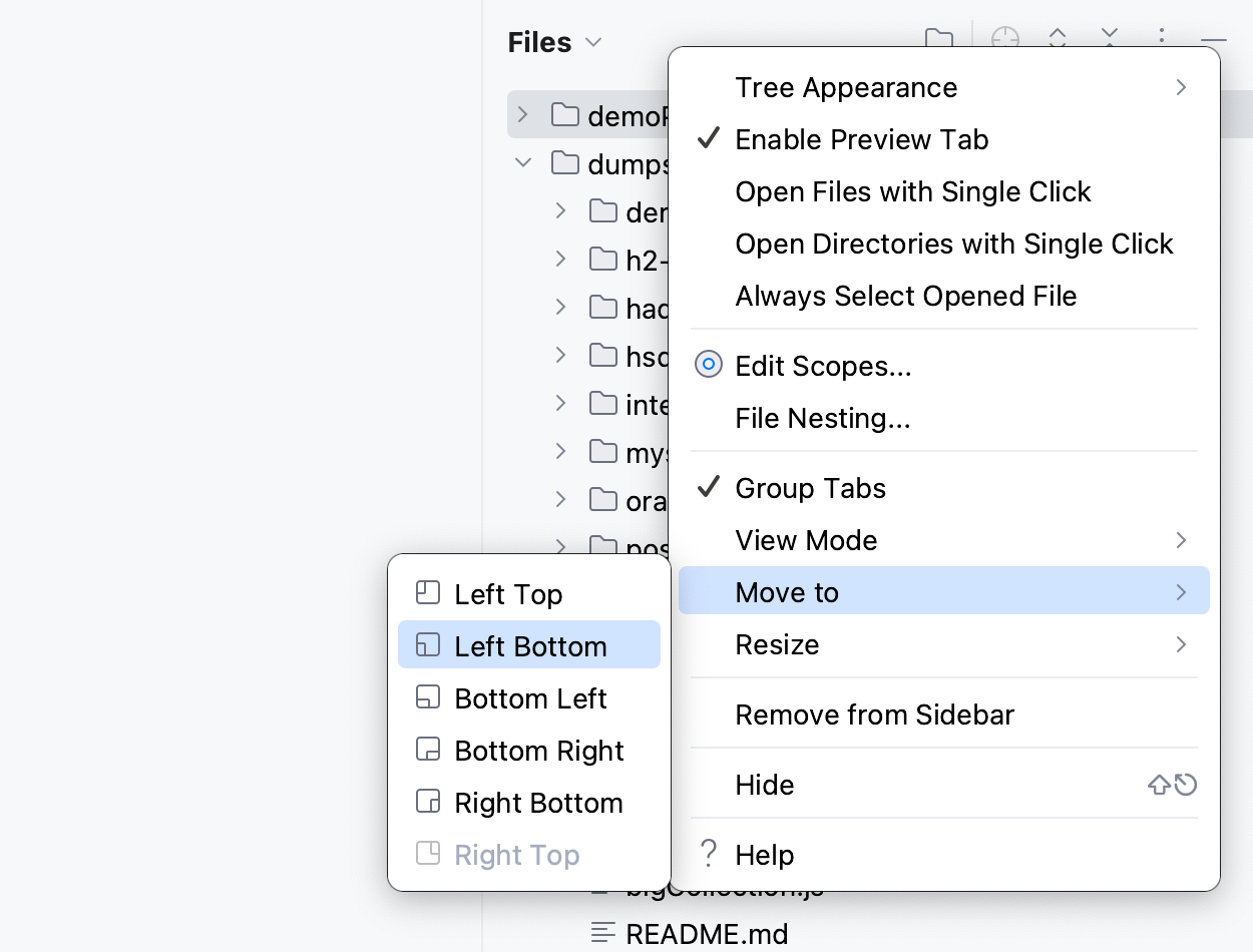 Tool window options menu: Move to