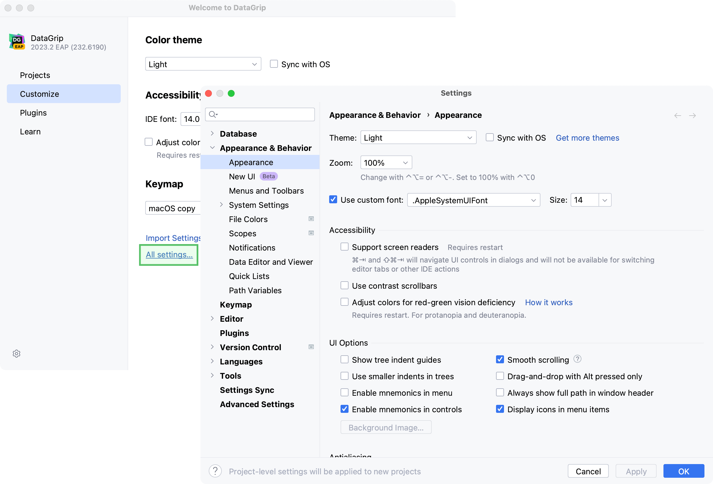 Configuring new default settings for projects