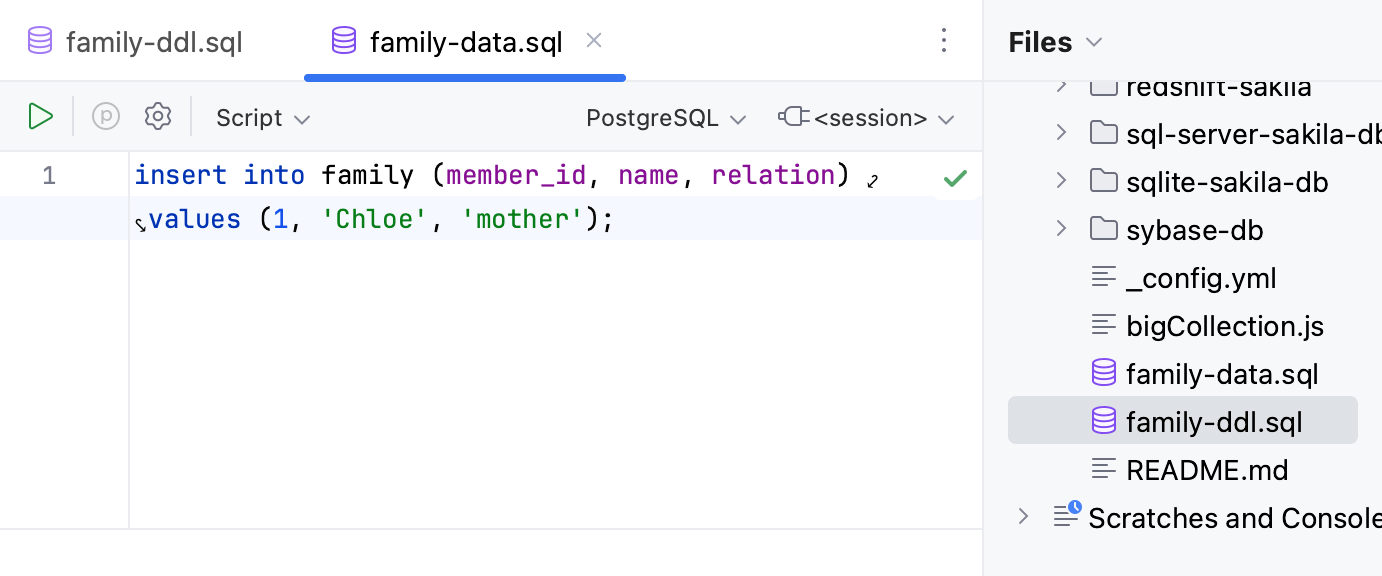 Define data for the DDL data source in the SQL file