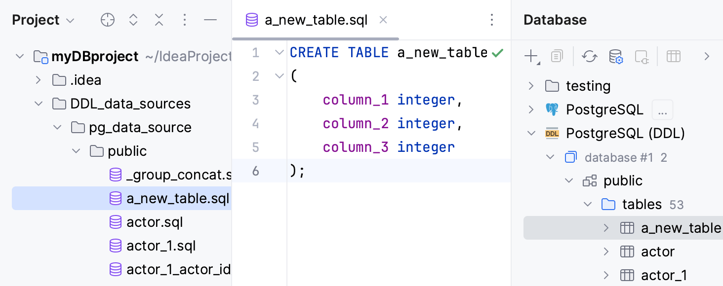 数据库工具窗口中的 DDL 数据源和项目工具窗口中带有语句的 SQL 文件