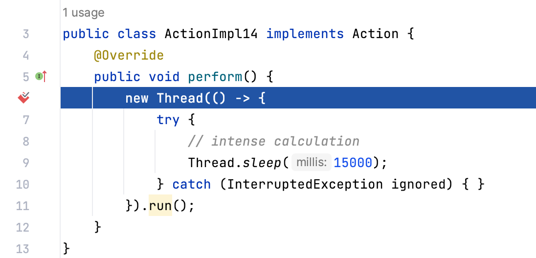 The application gets suspended in an implementation of the method where a method breakpoint was set