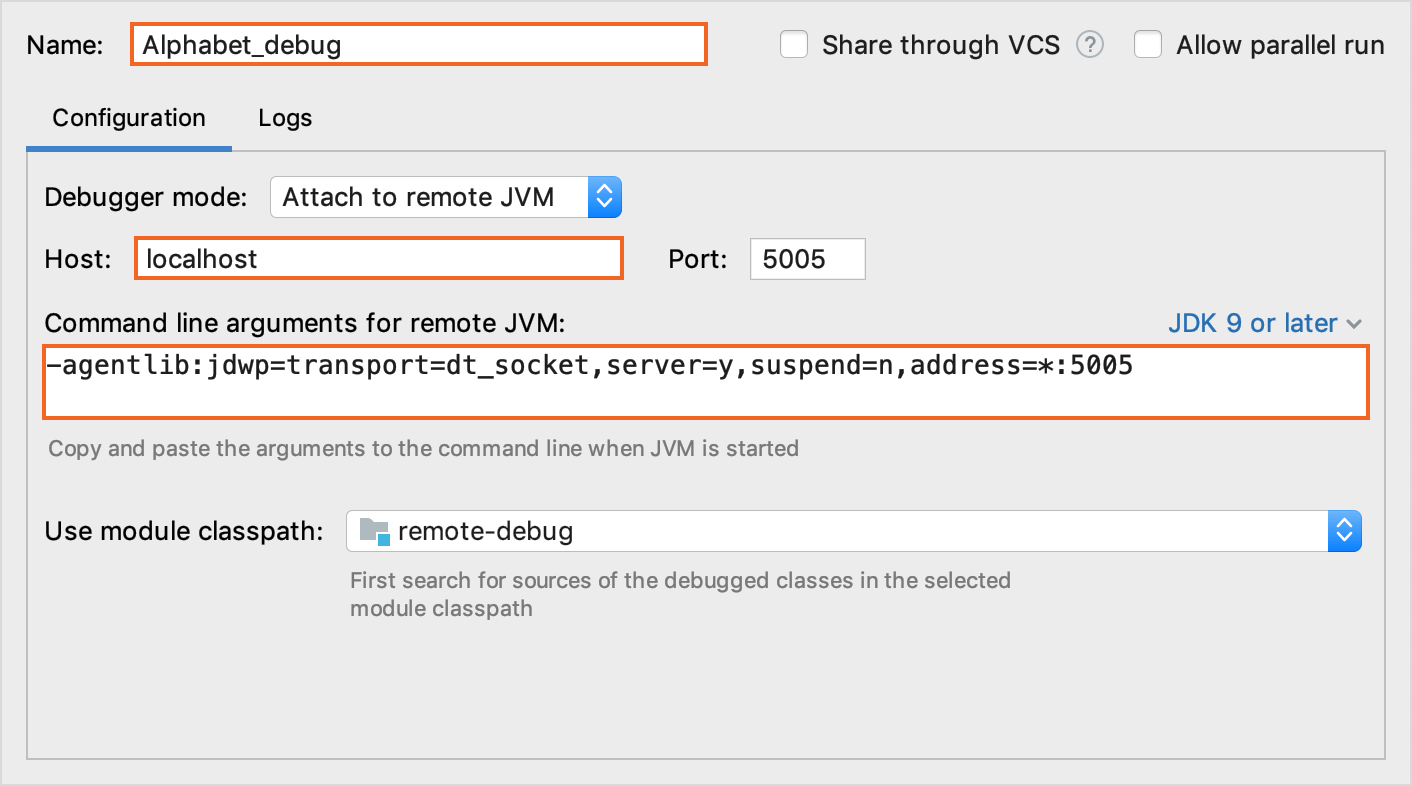 The Name, Host, and Command line arguments for remote JVM fields