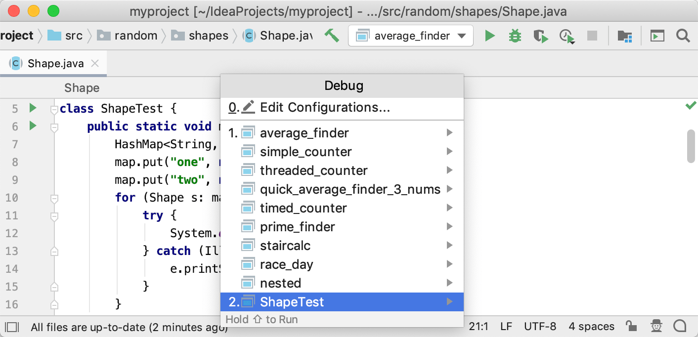 Debug menu lets you select a configuration to debug or edit configurations