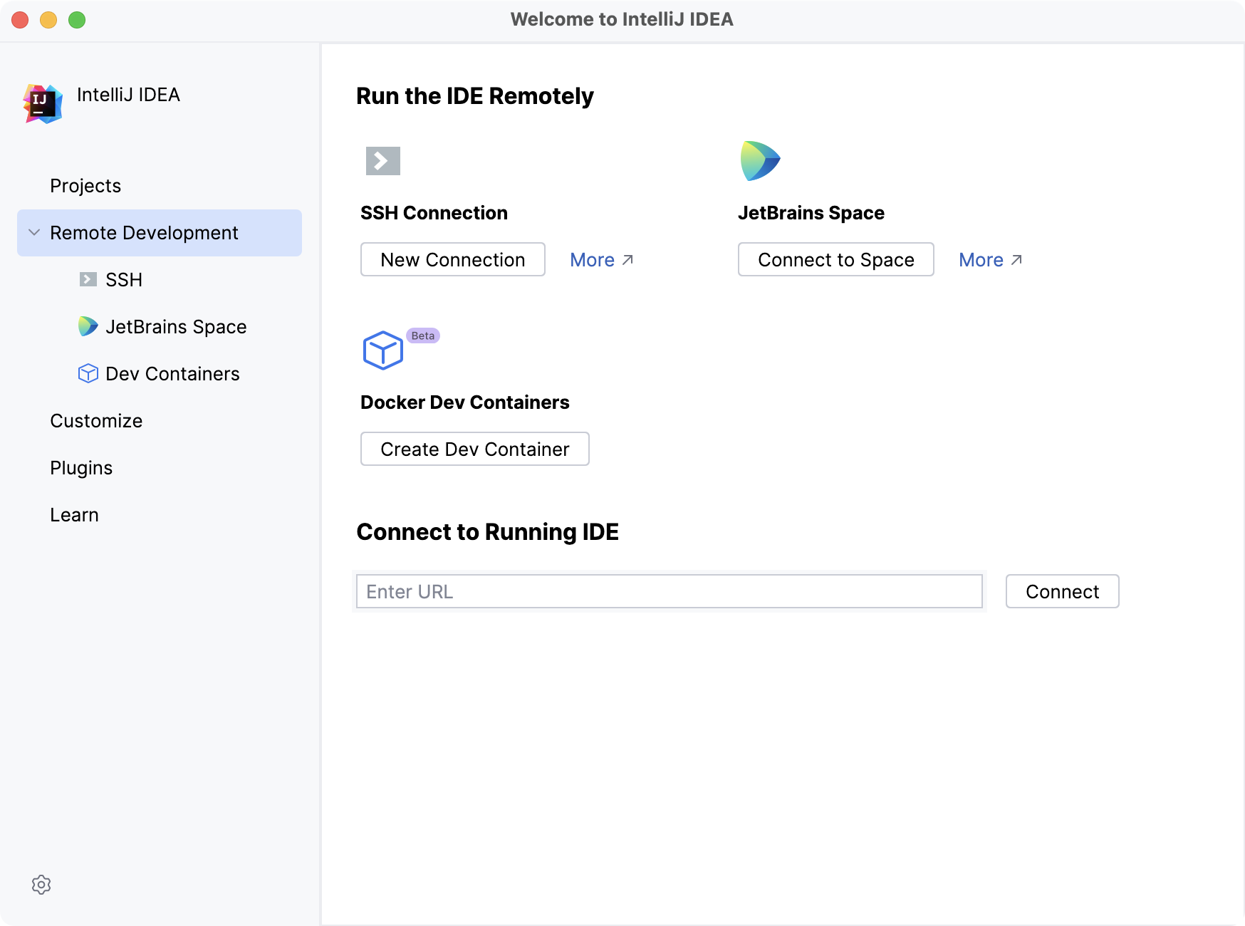 Configuring remote development settings on Welcome screen