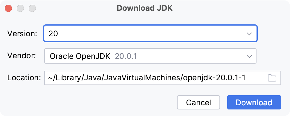 Downloading a JDK when creating a project