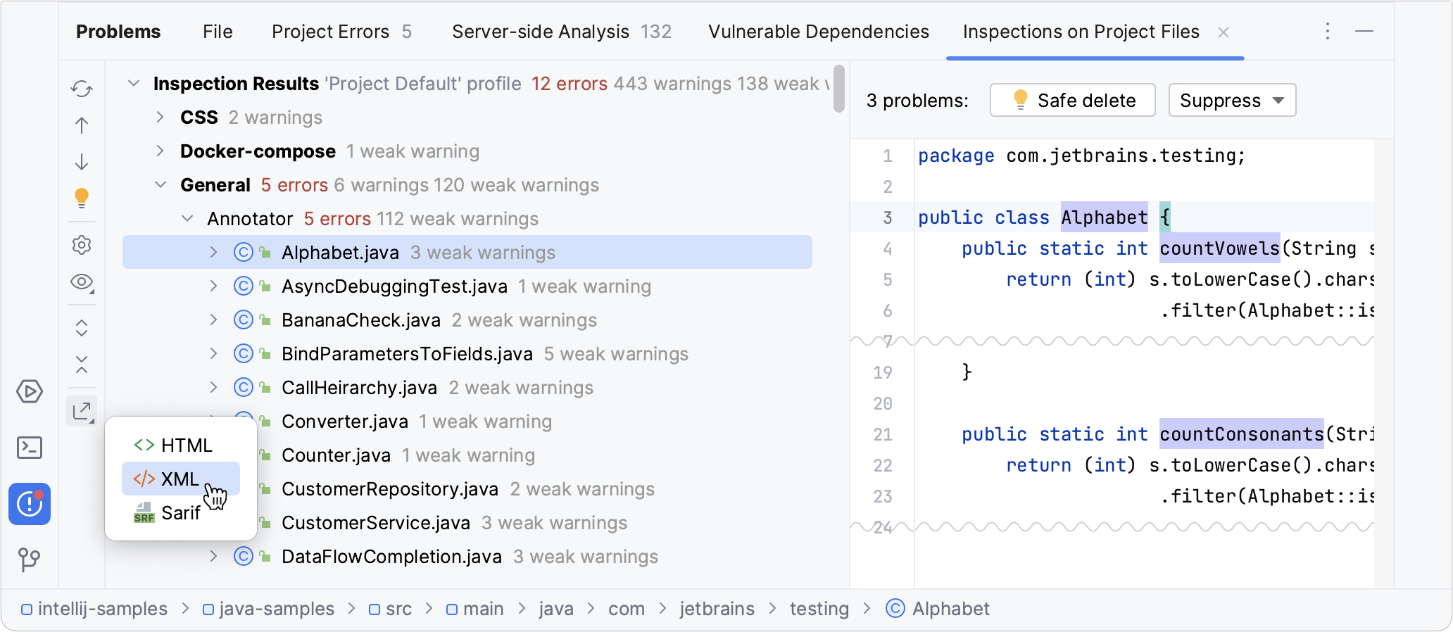 The Export button in the Inspection Results tool window