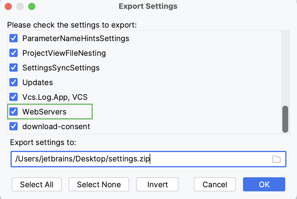 Export the server deployment settings