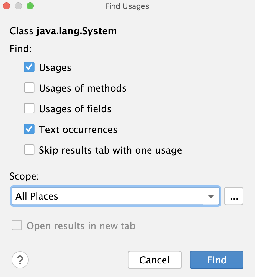 Find Usages dialog (Change Scope)