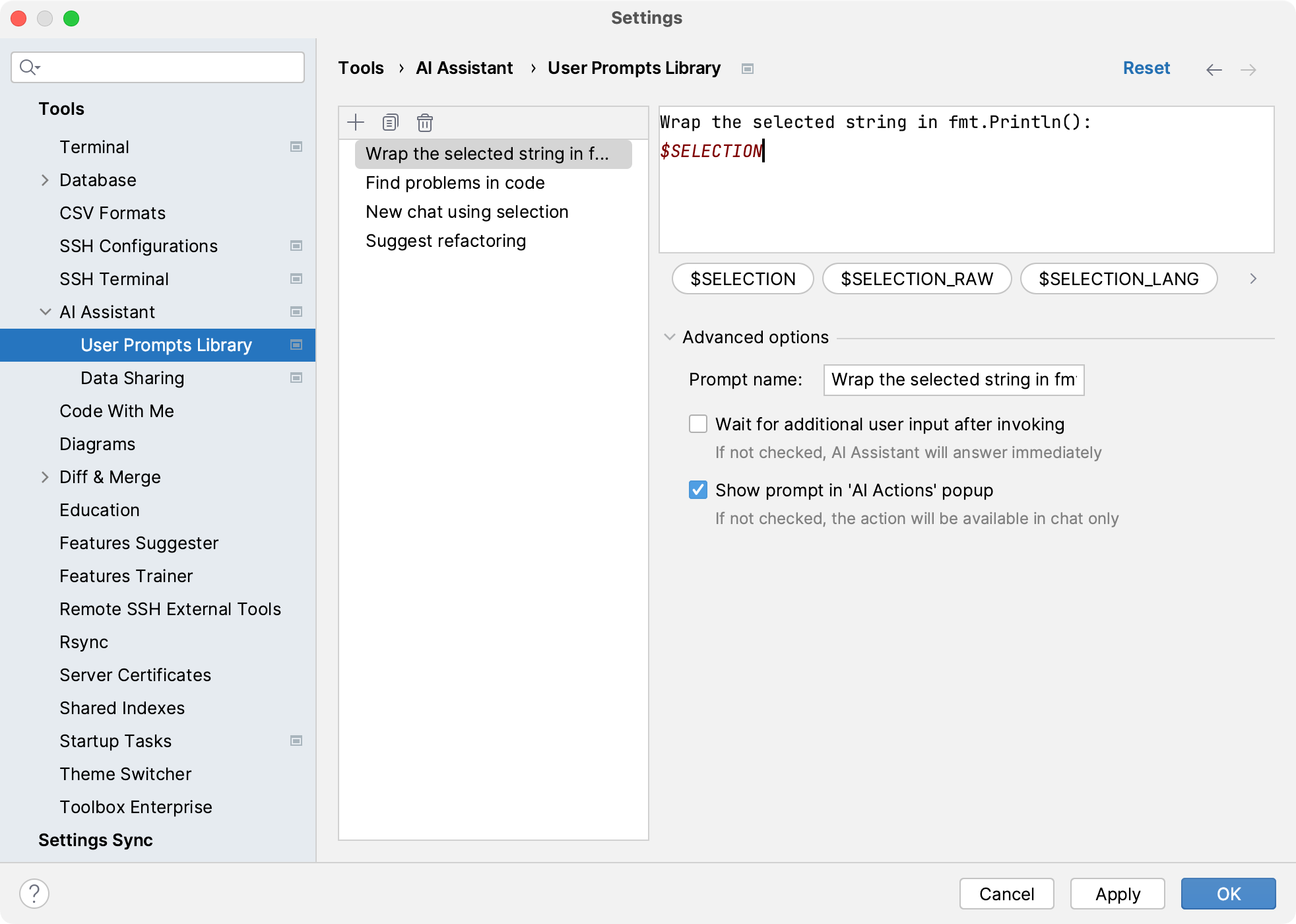 GoLand: Custom prompt parameters