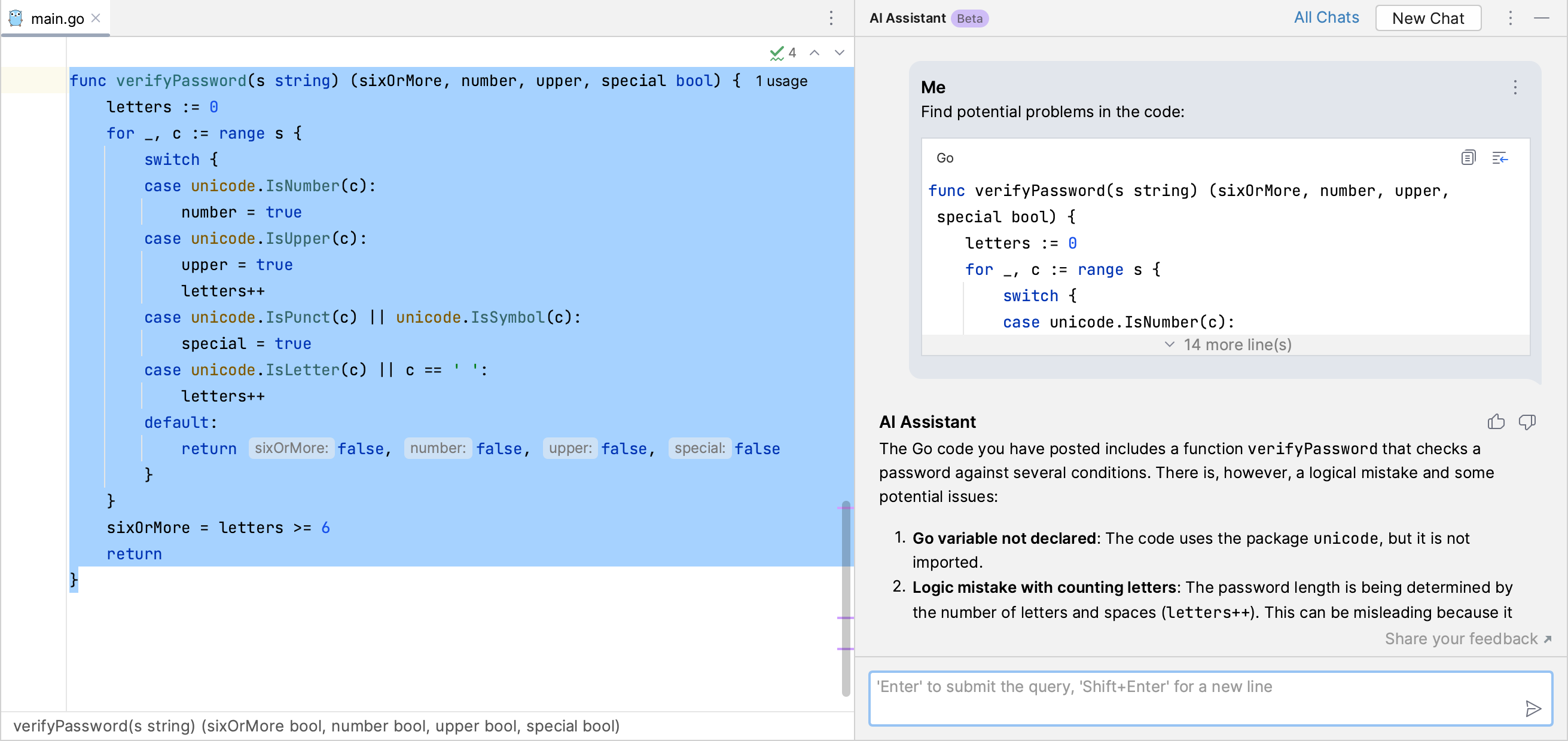 GoLand: AI Assistant finds potential problems in the selected code