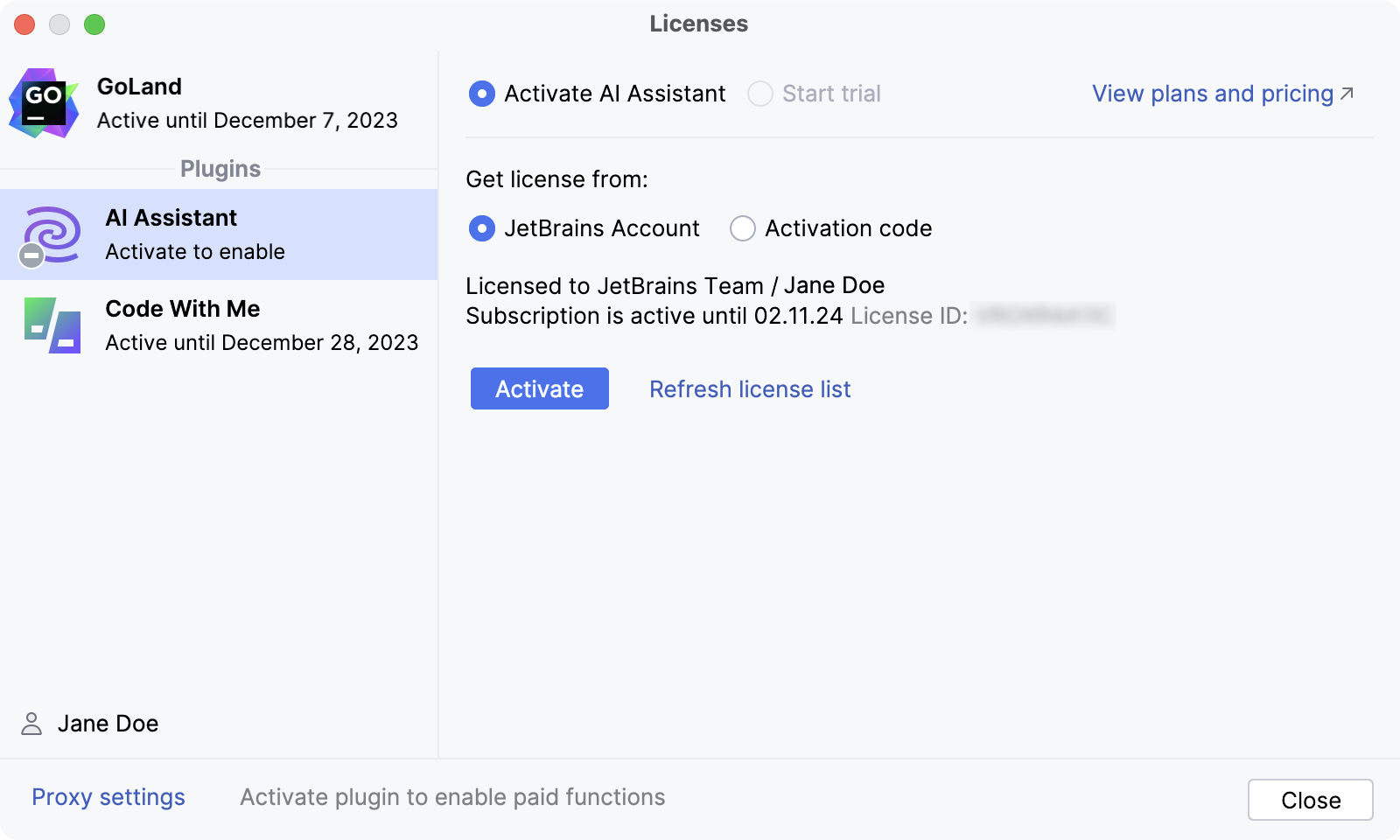 Licenses dialog with AI Assistant activation option