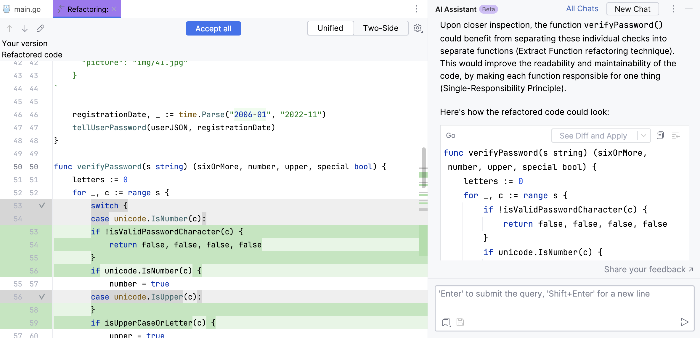 Diff tab with refactored code