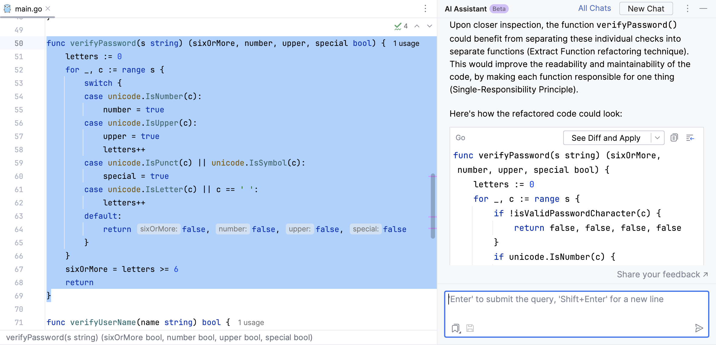 GoLand: AI Assistant suggests refactoring