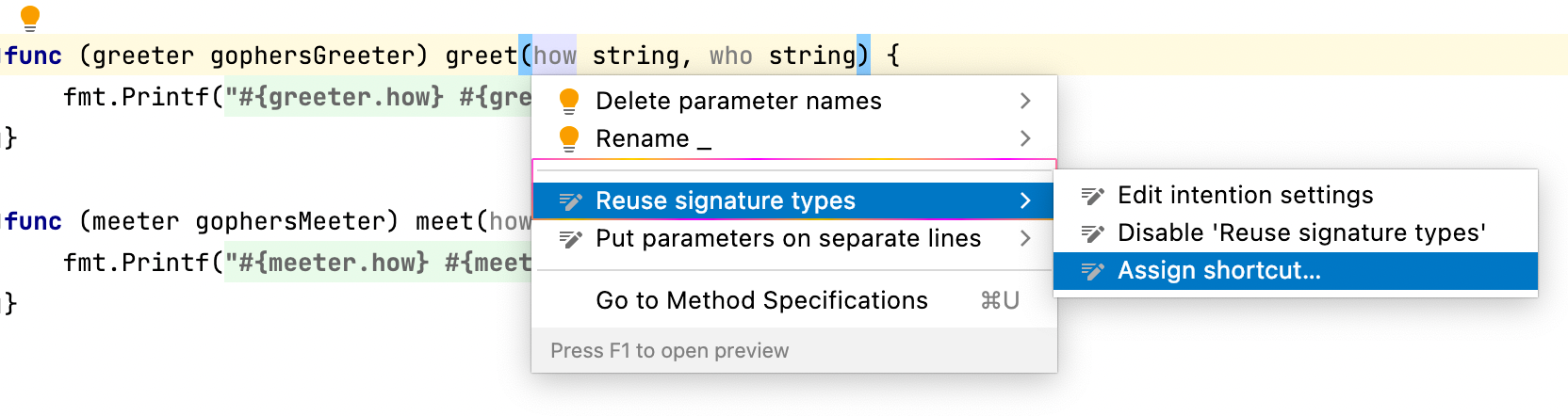 Assigning keyboard shortcut to intention action