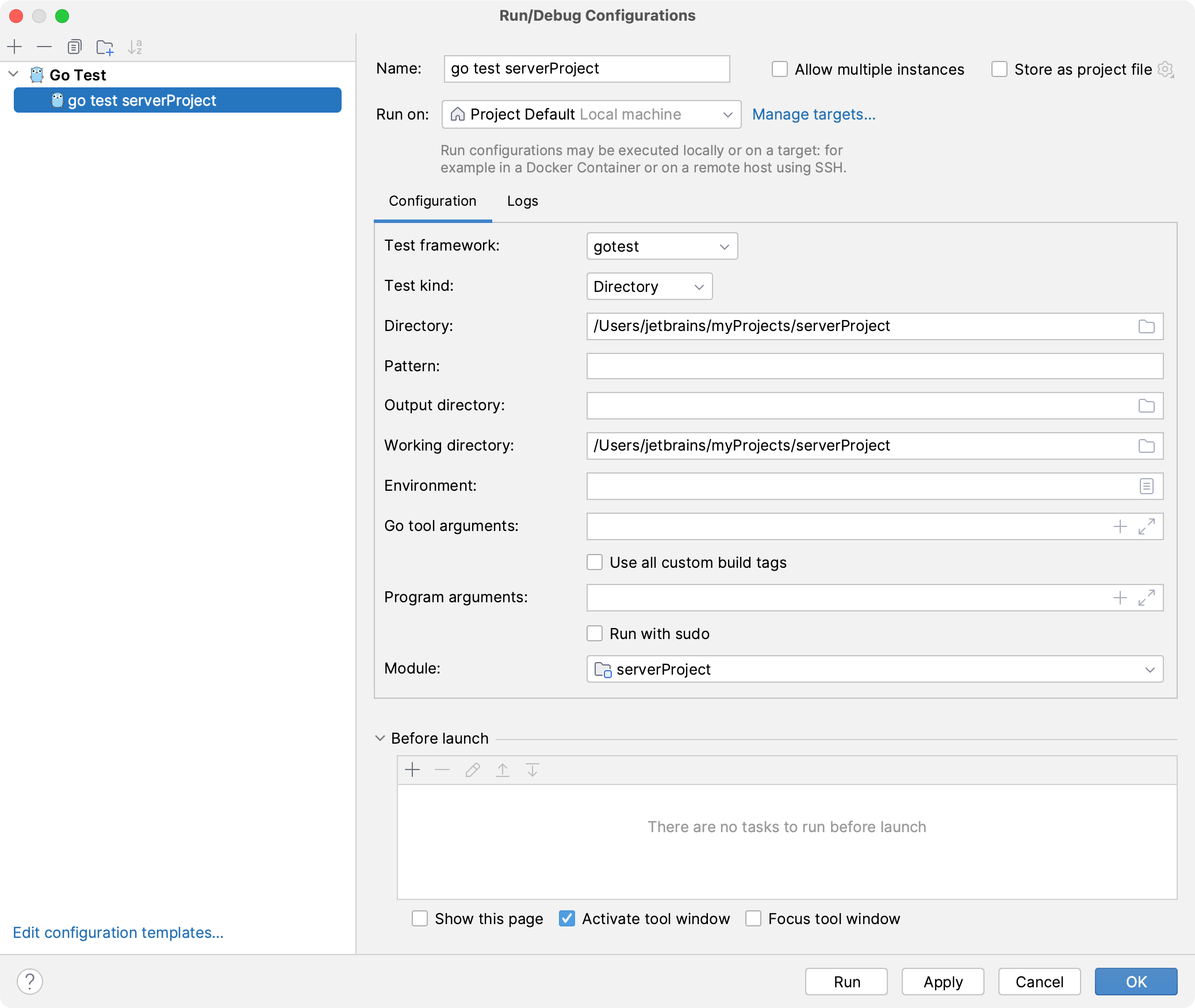 Run/Debug Configuration for Go Test