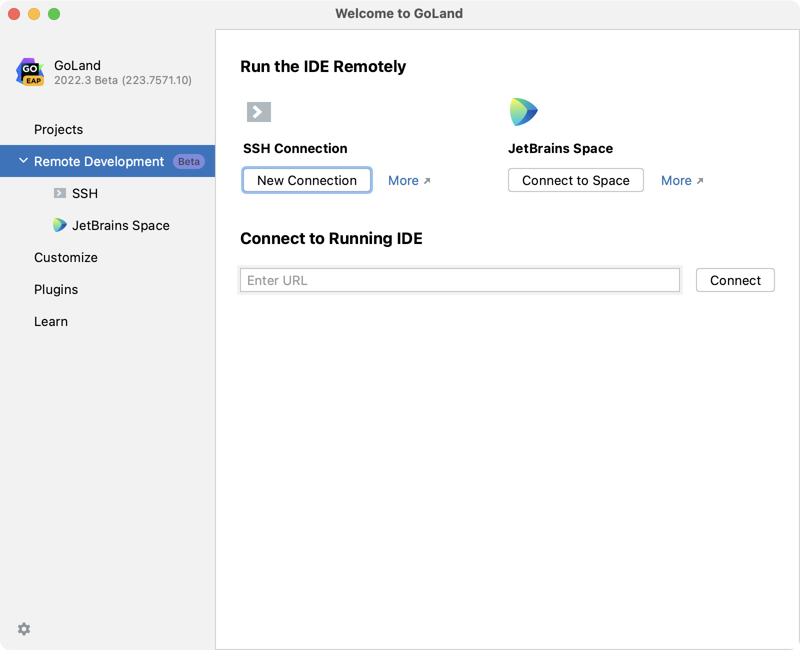 Configuring remote development settings on Welcome screen