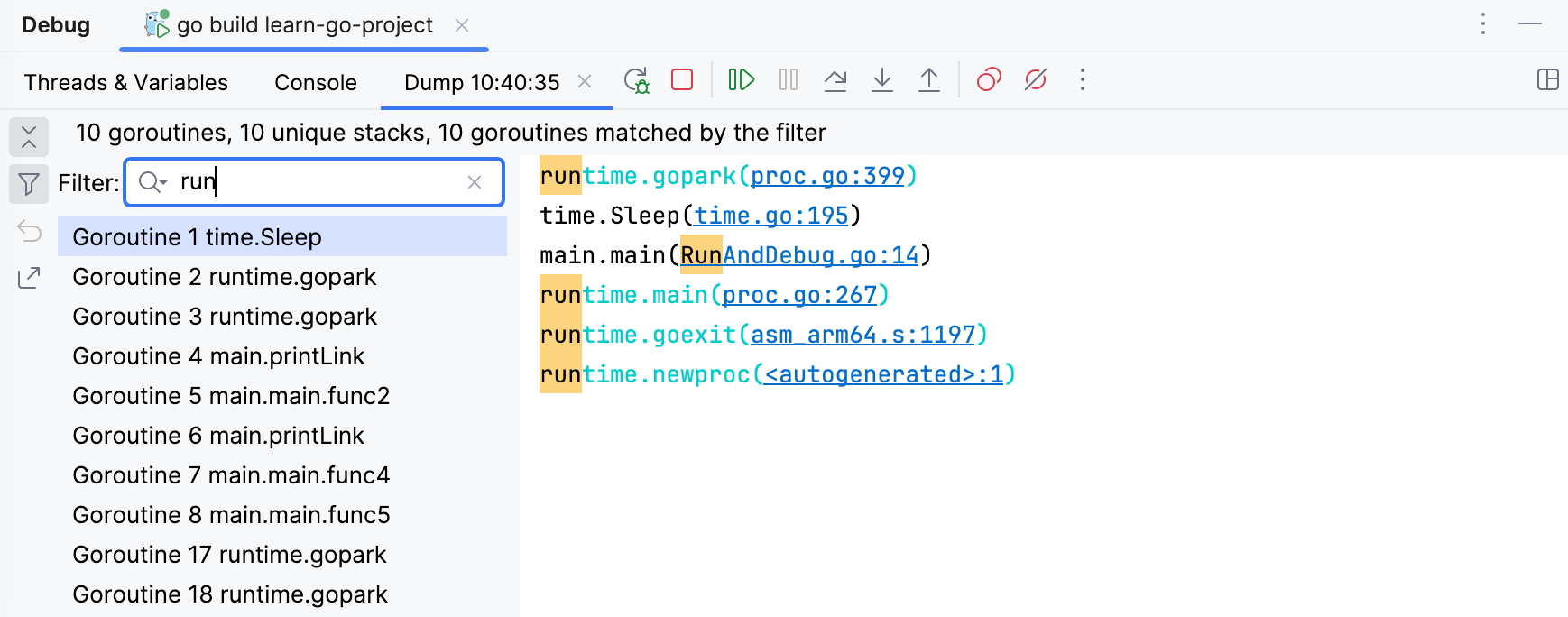 Execution stack of Goroutine 18 main.pageSize