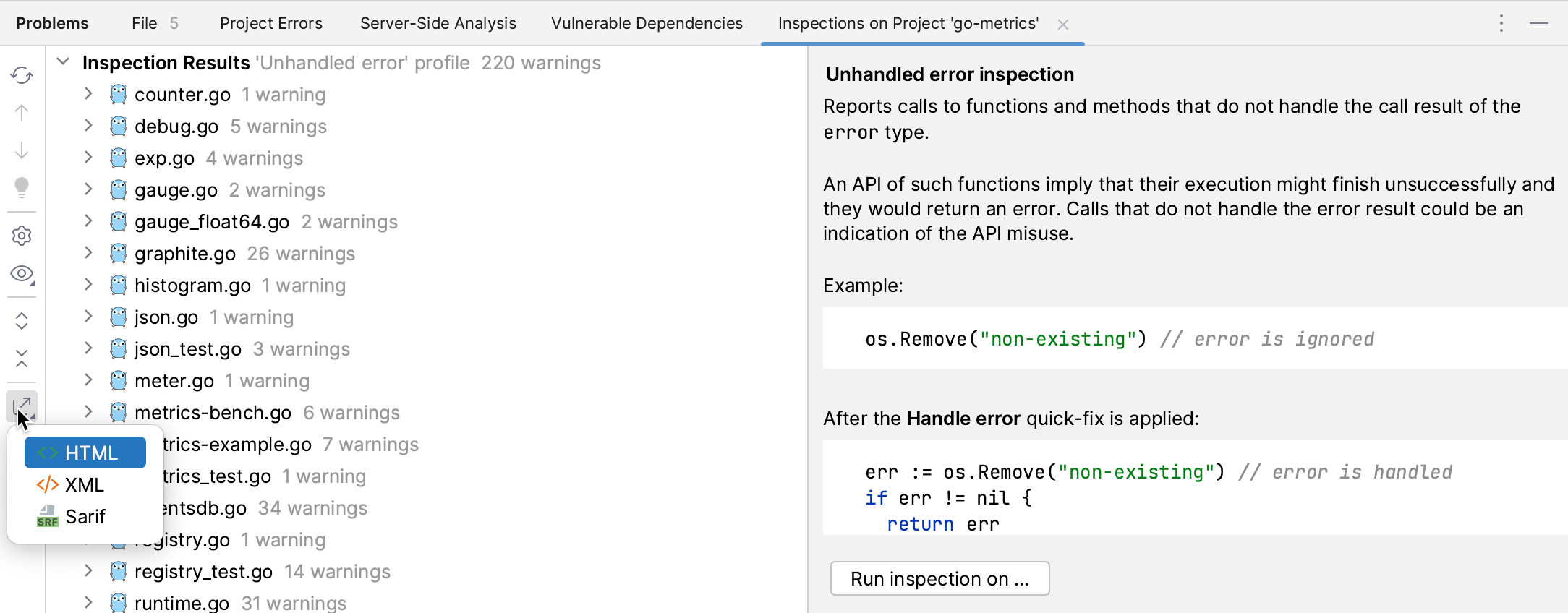 The Export button in the Inspection Results tool window