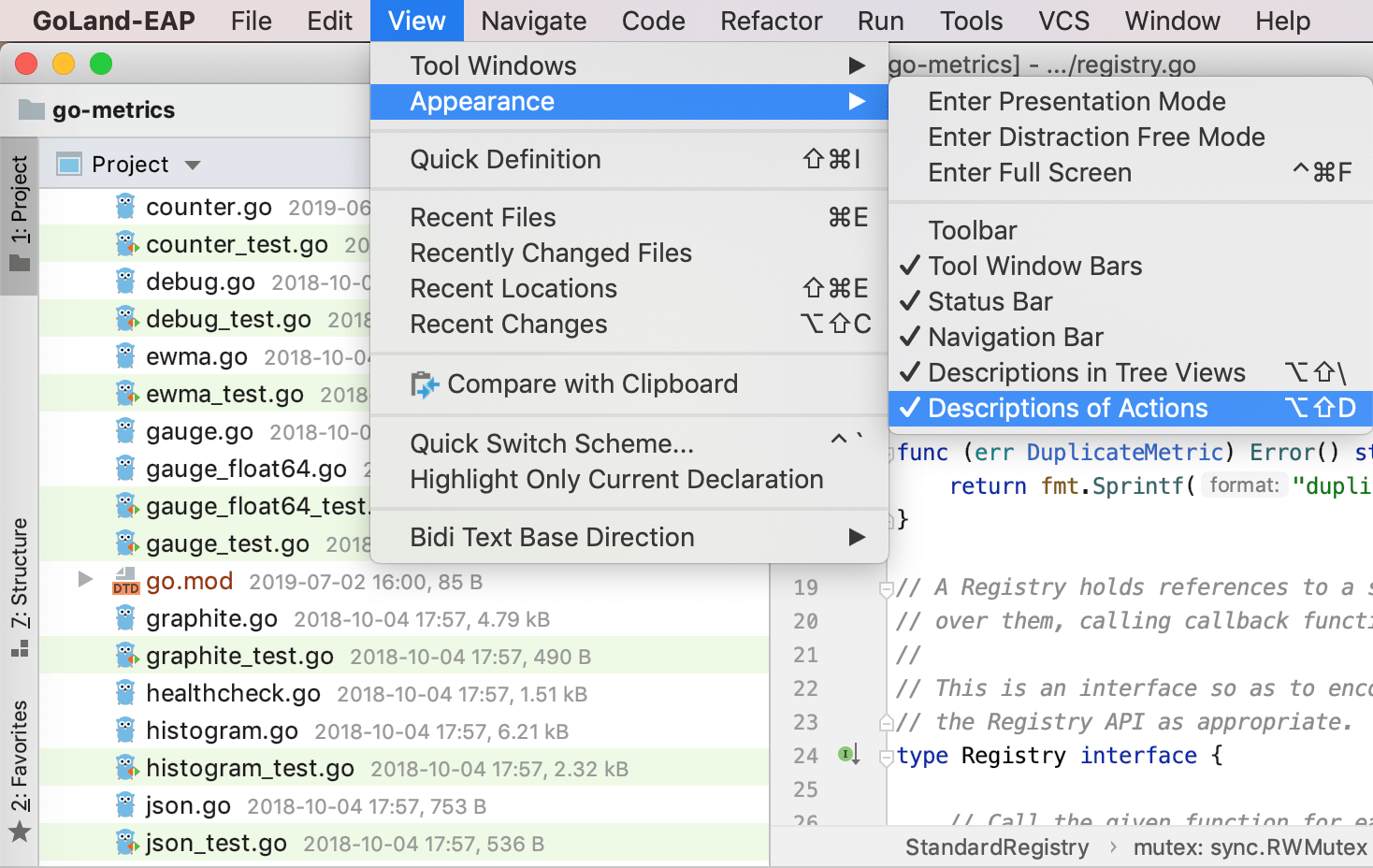 Descriptions in Tree Views option on and off