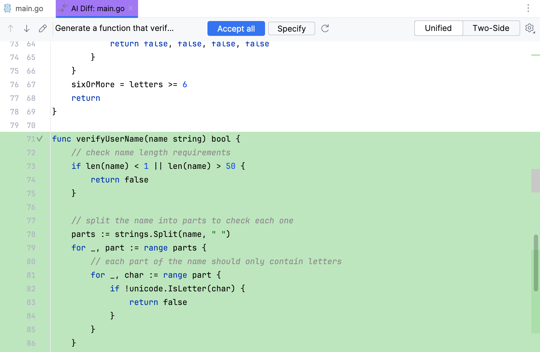 Generated code in diff tab