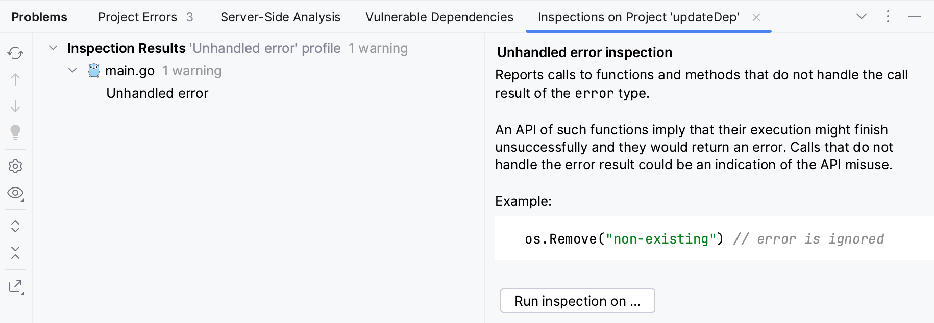 Inspection results tab