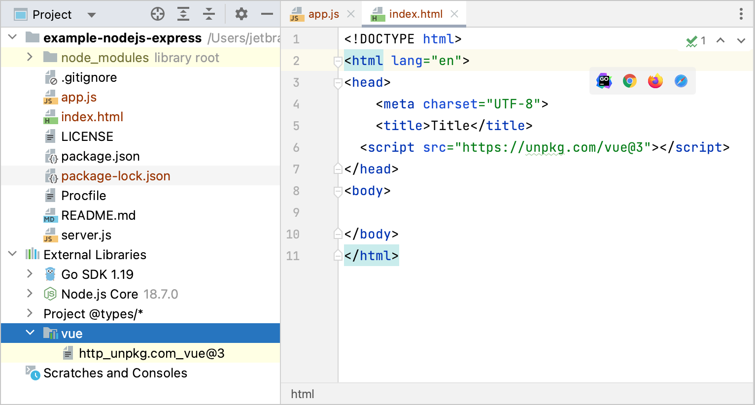 Downloaded CDN library is shown under the External Libraries node