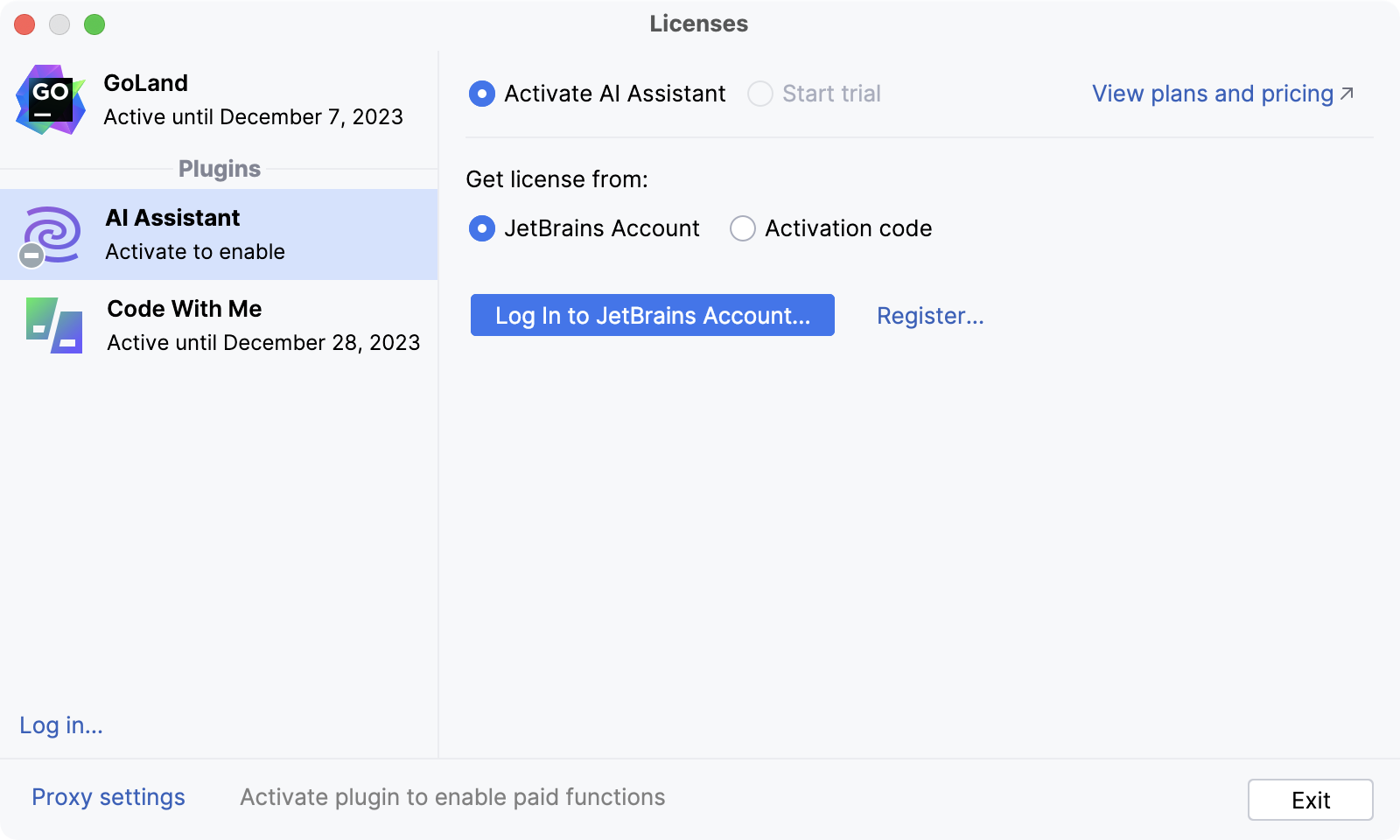 Licenses dialog with an option to log in to JetBrains account