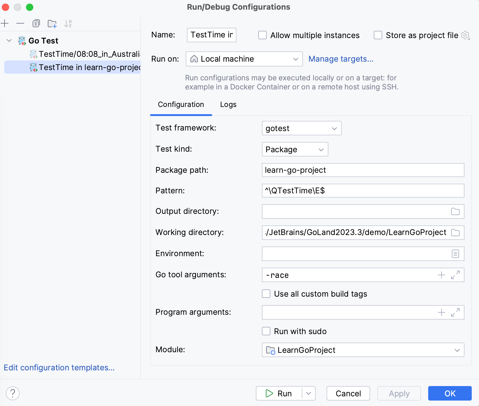 Run tests with test flags