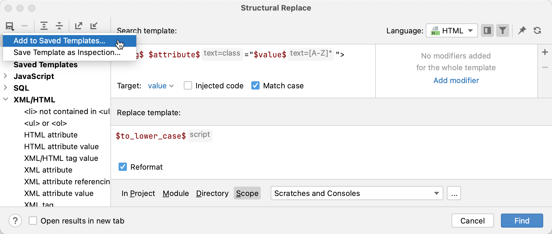 Save a template for the structural search