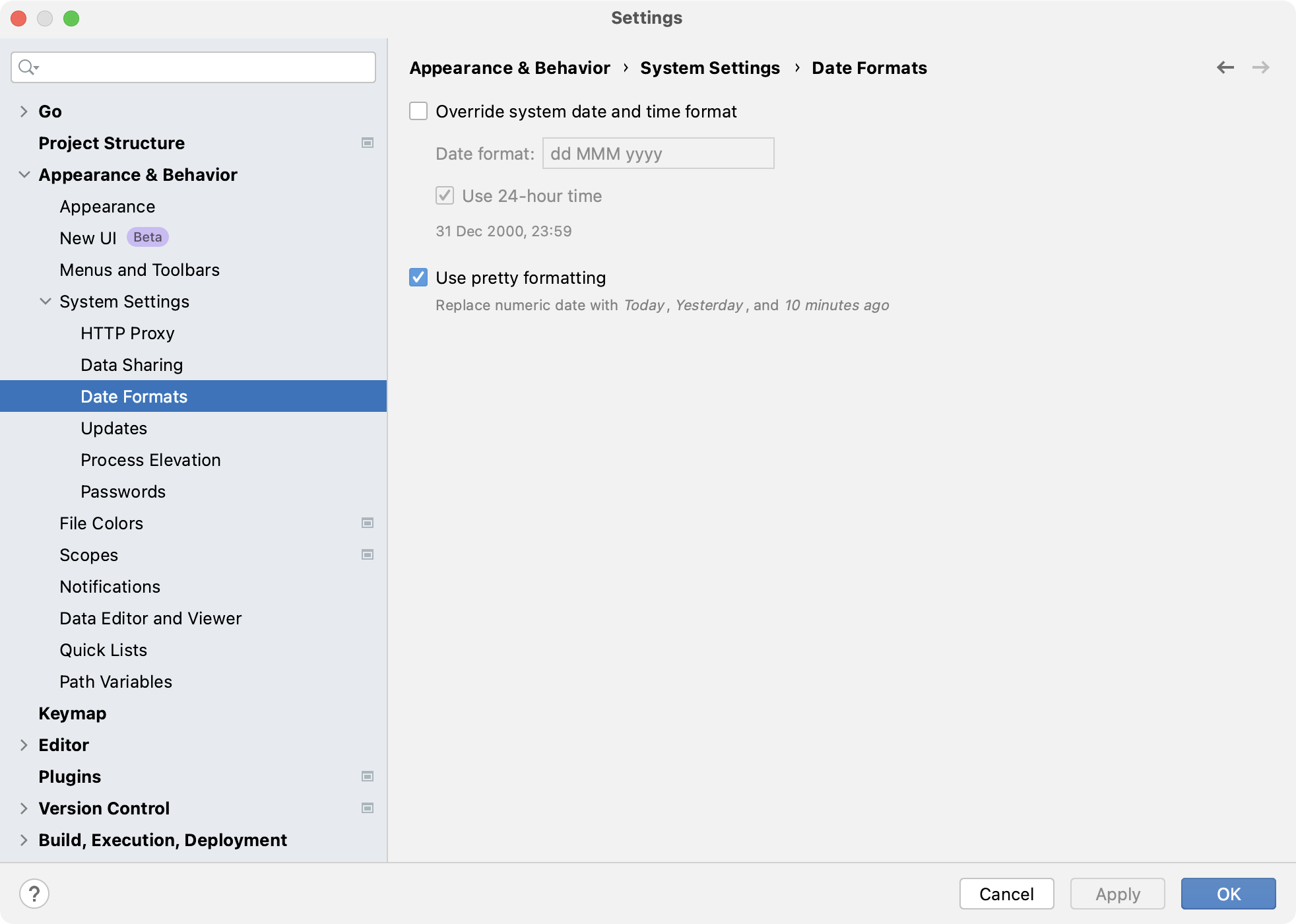 The Date Formats settings page