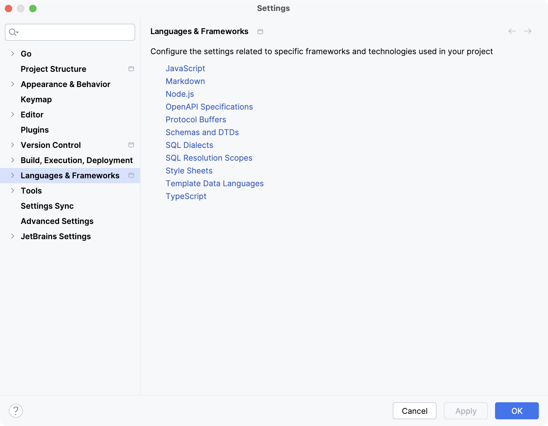 Settings: Languages and Frameworks