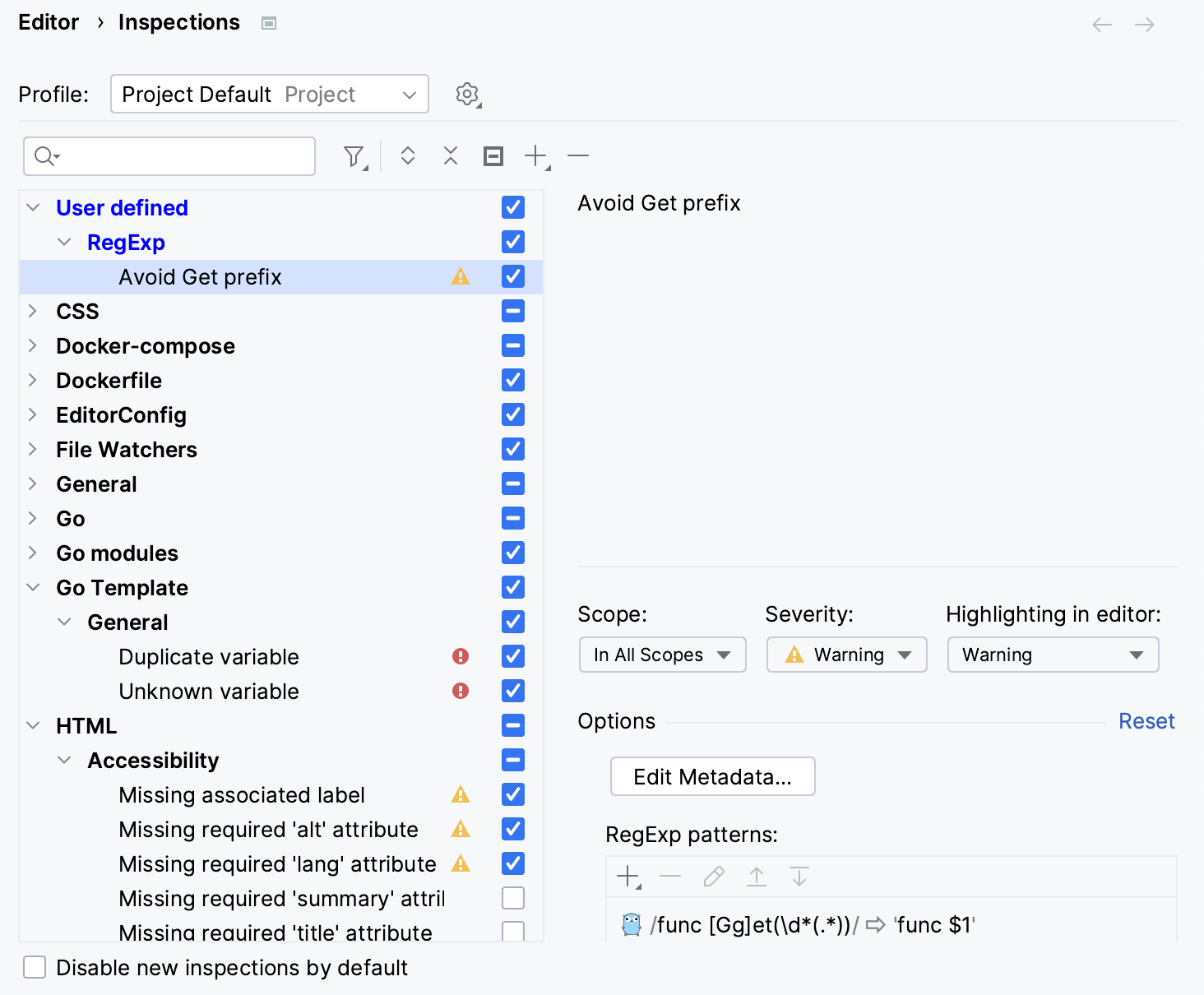 Custom inspection shown in the list of inspections