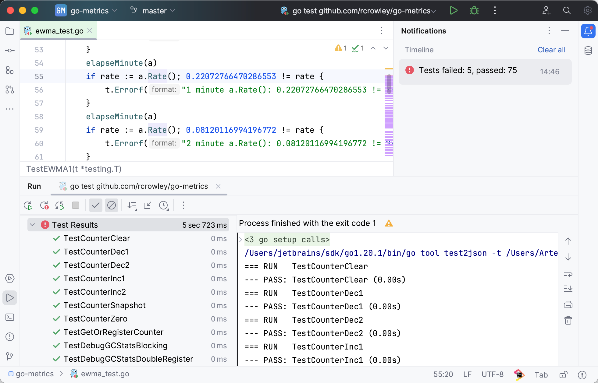 Test results shown on the Test Runner tab of the Run tool window