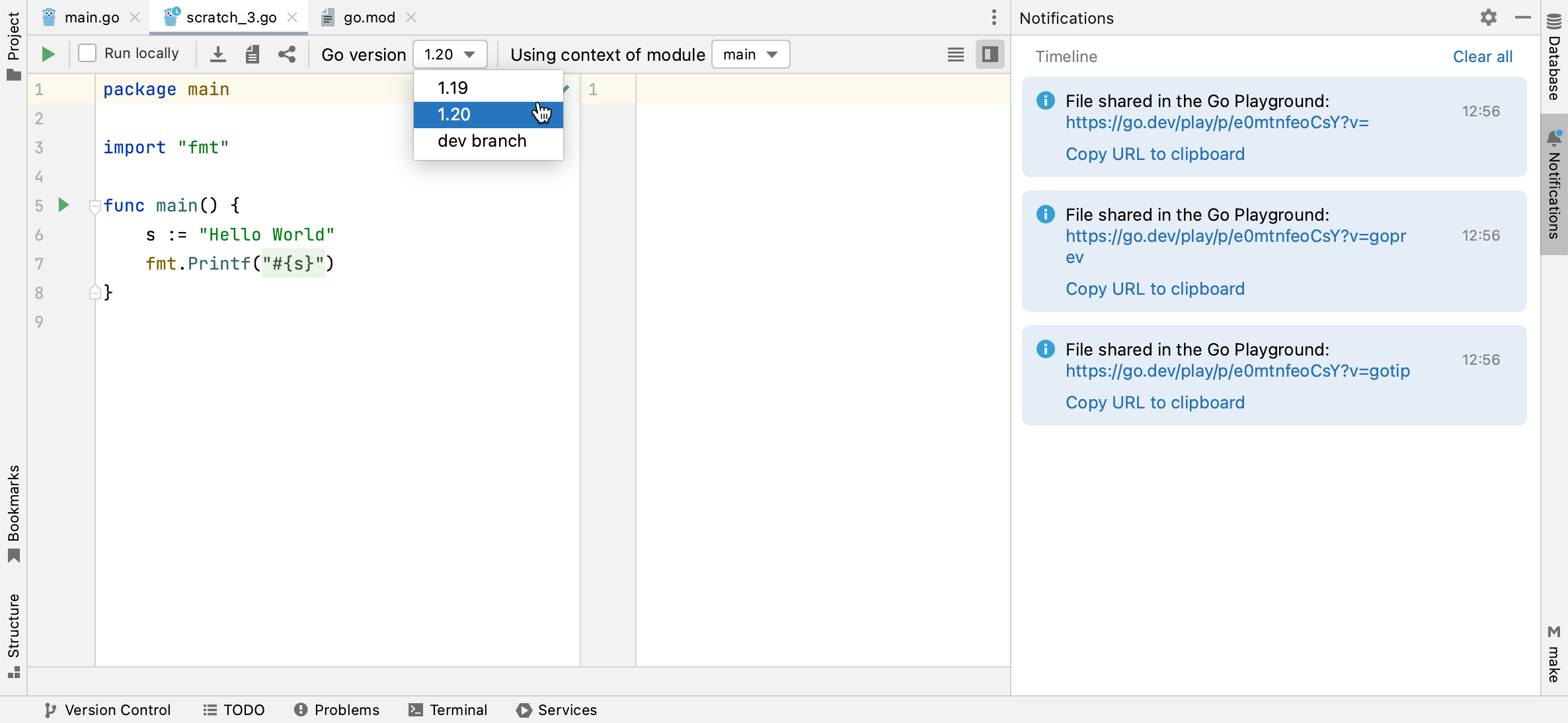 version parameter in shared links to the Go Playground