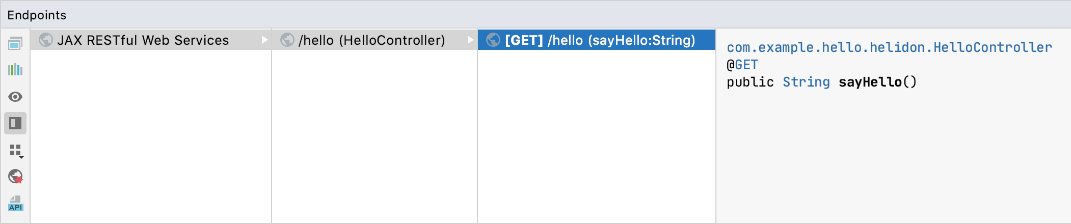 HelloController endpoint in the Endpoints tool window