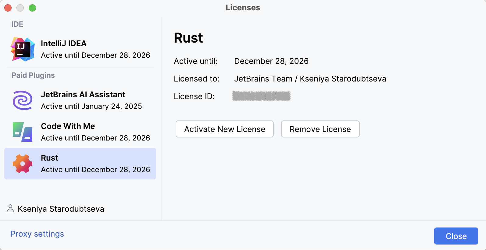 Activating Rust plugin from the Licences dialog